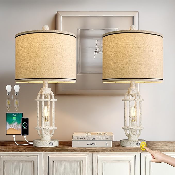 23.75'' Table Lamps Set of 2 for Living Room Bedroom Industrial Farmhouse Metal Touch Lamps with USB A+C Ports, Night Light Vintage Nightstand Bedside Lamp, Bulbs Included, White