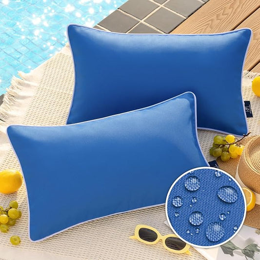 Phantoscope Pack of 2 Outdoor Waterproof Solid Throw Decorative Pillow Cover Decorative Square Outdoor Pillows Cushion Case Patio Pillows for Couch Tent Sunbrella, Blue 12x20 inches 30x50 cm