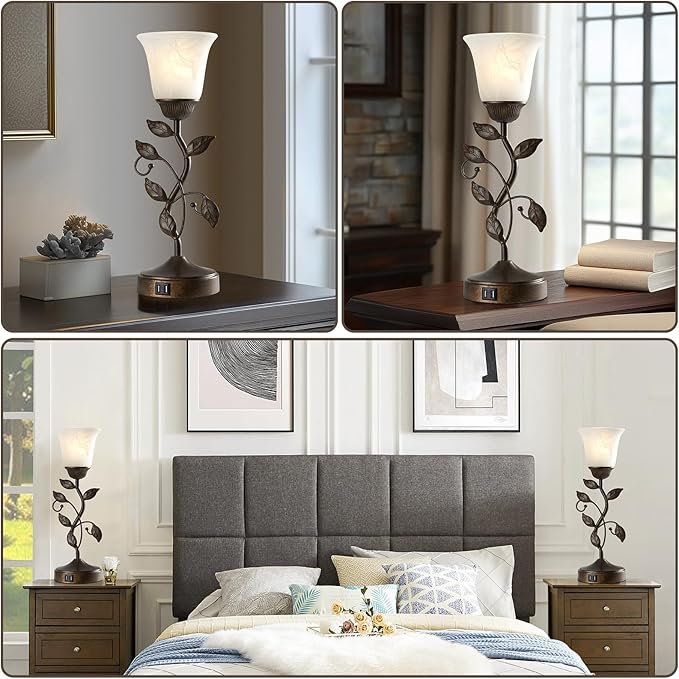 RORIANO Set of 2 Touch Farmhouse Bedroom Table Lamps, Nightstand Vintage Flower Lamps with 2 USB Ports, 3 Way Dimmable Leaf Lamp for Living Room with White Glass Shades, Bulbs Included