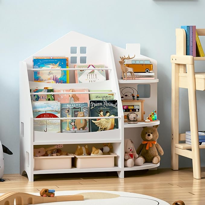 3 Tier Kids Bookshelf Bookcase, House Shape Book Shelf for Kids Rooms Nursery, Montessori Bookshelf, Kids Book Shelf and Toy Storage for Toddler Children, White