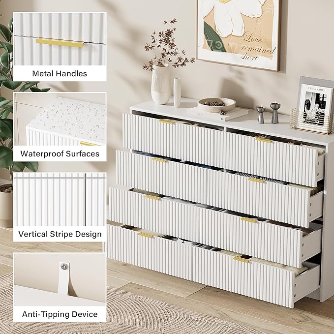 White 8 Drawer Dresser for Bedroom, Modern Dresser with Smooth Slides, Wide Chest of Drawers with Golden Handles for Bedroom, Living Room, Closet, 15.7" D x 55" W x 37.4" H