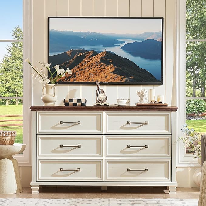 Farmhouse Wood 6 Drawer Dresser Set of 2, 54 inch Wide Large Vintage Chest of Drawers for Bedroom, Rustic Dressers TV Stand with Square Solid Wooden Legs for Living Room, Hallway, White