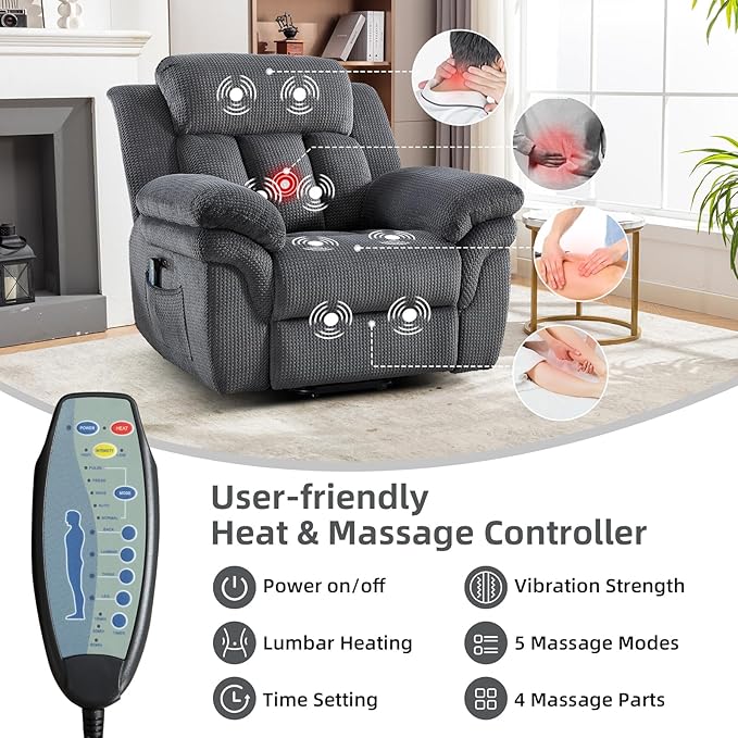 Phoenix Home Oversize Power Lift Recliner Chair with Heat & Massage for Elderly, Extra Large Electric Chair for Adult, Recliners for Living Room,2 Side Pockets, USB and Type-C Port, Dark Grey