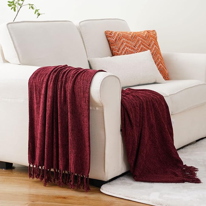 BATTILO HOME Burgundy Chenille Throw Blanket, Decorative Red Knit Throw with Fringe, Lightweight for Christmas Decor, 50"x60"