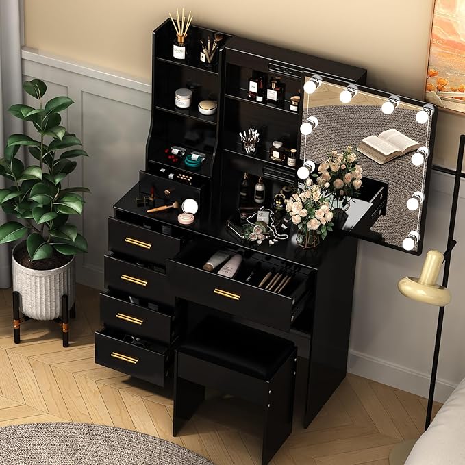 Vanity Desk with Sliding Mirror and Lights, Small Makeup Vanity Table Set with Chair and Drawers, Black Vanity with Lighted Mirror for Bedroom, Dressing Table for Teen Girls and Women