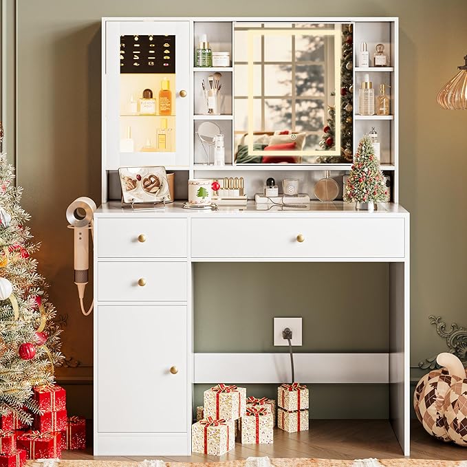Vanity Desk with Mirror and Lights Makeup Vanity Desk with Lights 3 Colors 38" Dressing Table with Drawer and Cabinet for Bedroom Transparent Glass Top Power Outlet for Bedroom White