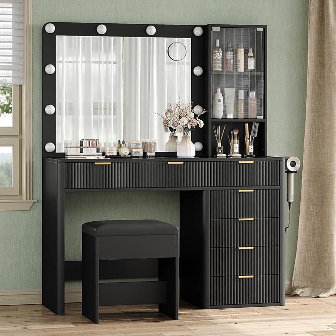 7 Drawers Fluted Vanity Desk with Charging Station, 47'' W Makeup Vanity with LED Lights and HD Mirror, 3 Lighting Modes Adjustable, Glass Top, Vanity Set for Bedroom, Black