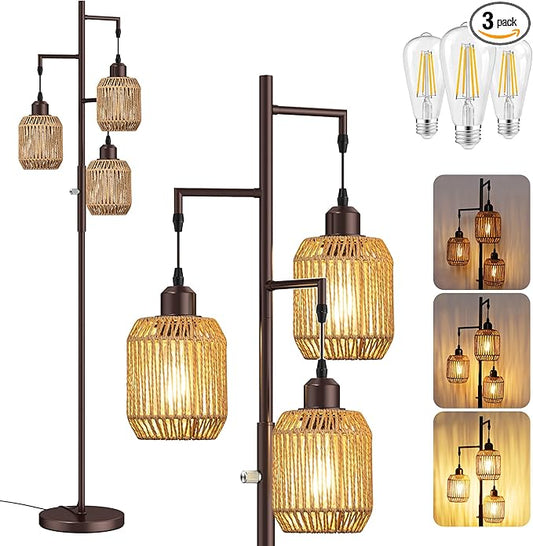 ROTTOGOON Dimmable Boho Floor Lamp - 3 Light Farmhouse Rattan Floor Lamp for Living Room, Industrial Tree Floor Lamps with 3 X 6W LED Bulbs, Rustic Standing Tall Lamp for Bedroom, Office, 68", ORB