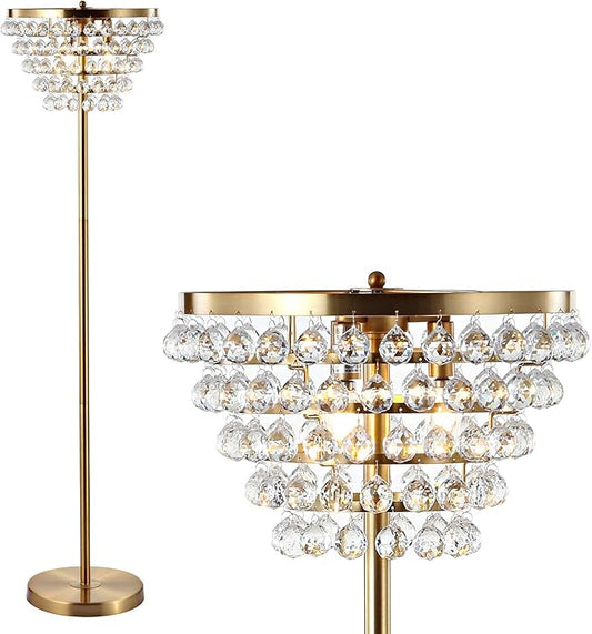 JONATHAN Y JYL9005B Jemma 60" Crystal/Metal LED Floor Lamp, Contemporary, Modern, Transitional, Elegant, Office, Living Room, Family Room, Dining Room, Bedroom, Hallway, Foyer, Brass Gold/Clear