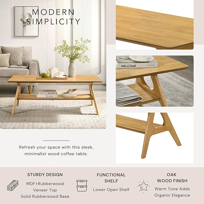 Roundhill Furniture Arona Mid-Century Modern Wood Shelf Coffee Table, Natural Oak Finish