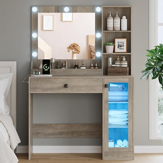 Vanity Desk with Mirror and Lights, Small Makeup Vanity Table with RGB Storage Cabinet & Power Strips & Shelves, 3 Lighting Modes & Adjustable Brightness, Dressing Table for Women Girls Bedroom, Grey