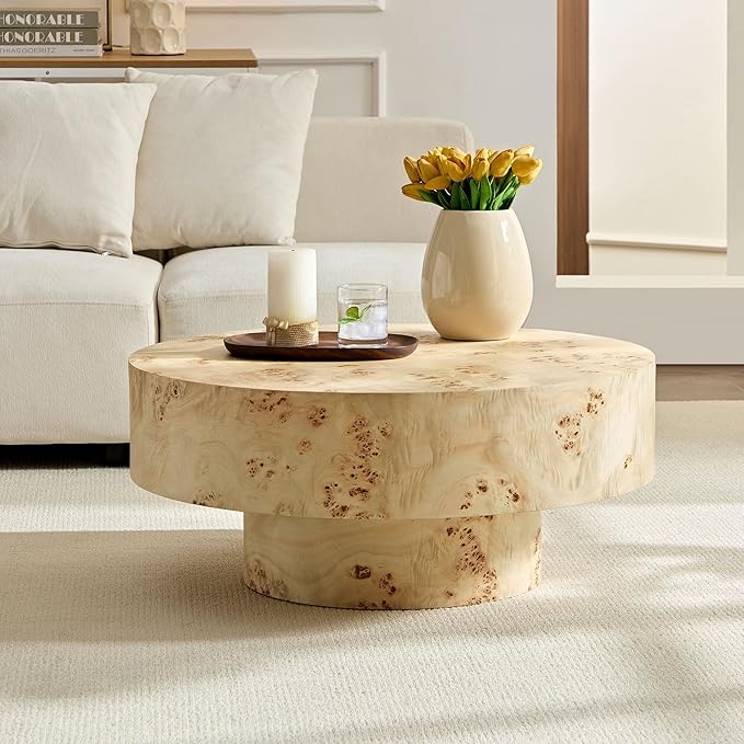 Round Coffee Table for Living Room, Accent Drum Coffee Table with Storage, Modern Burl Wood Vener Circle Center Tea Table for Small Space Apartment (31.5''D×14''H-Natural)