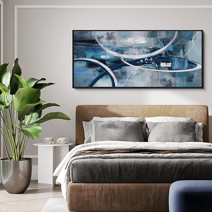 XLSJERST Large Abstract Canvas Wall Decor - Modern Living Room Wall Art Elegant Combination of Tones Black and White Gray Background Blue Gradient Picture