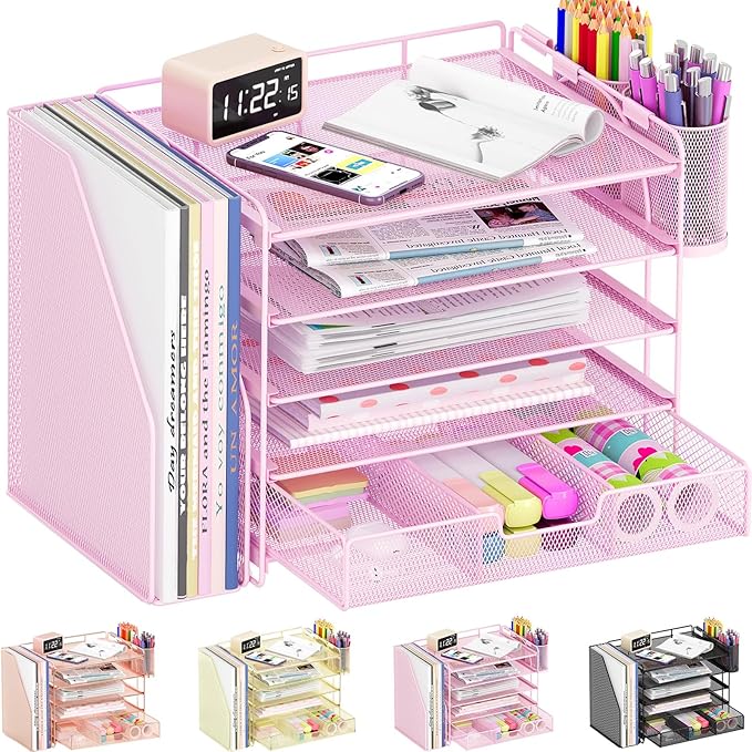 Desk Organizers and Accessories with File Holder, 5-Tier Office Desk Accessories & Workspace Desktop Organizer with Drawer and 2 Pen Holder, File Paper Organizer for Office Supplies(Pink)