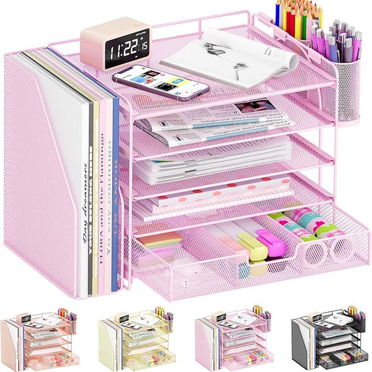 Desk Organizers and Accessories with File Holder, 5-Tier Office Desk Accessories & Workspace Desktop Organizer with Drawer and 2 Pen Holder, File Paper Organizer for Office Supplies(Pink)