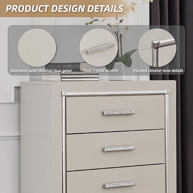 Signature Design by Ashley Zyniden Glam 5 Drawer Wide Chest with Safety Stop for Bedroom, Chrome