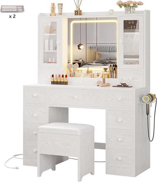 IRONCK Vanity Desk with LED Lights Mirror and Charging Station, Makeup Vanity Table with Jewelry Armoire, Storage Bench, and 11 Drawers, White