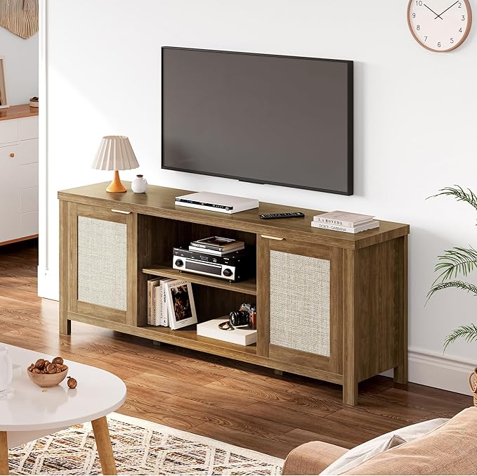 Rattan TV Stand for TVs up to 65'',Boho Entertainment Center with Adjustable Shelves, Mid Century Modern Media TV Console Cabinet with Rattan Doors for Living Roon Bedroom Caramel Oak LTV91BR