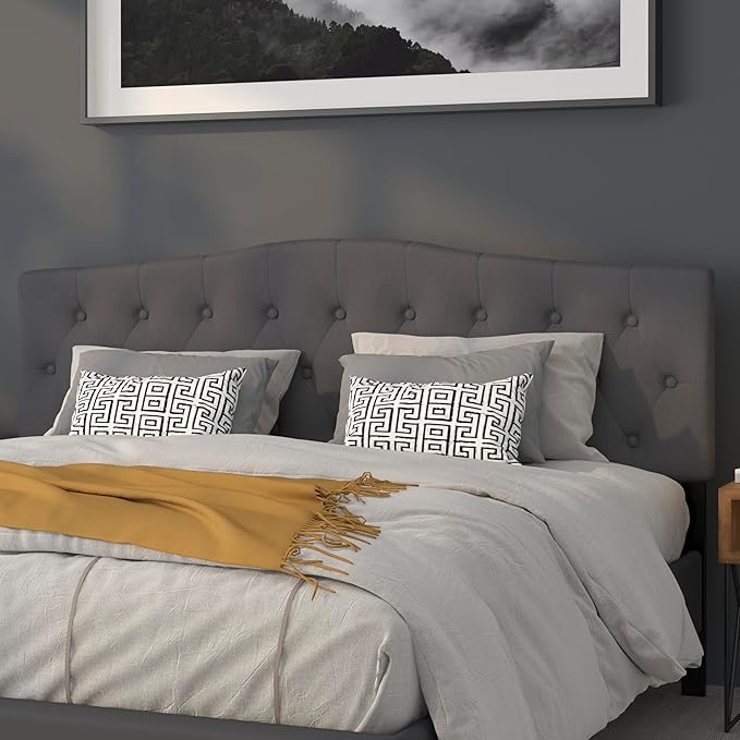 EMMA + OLIVER Tufted Upholstered King Size Headboard in Dark Gray Fabric