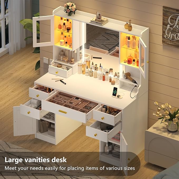Vanity Desk with Mirror and Lights, White Makeup Vanity Table with Charging Station，Large Vanity Desk with 6 Drawers & 2 RGB Cabinet, Dressing Table Set with Lighted Mirror Adjustable, for Bedroom