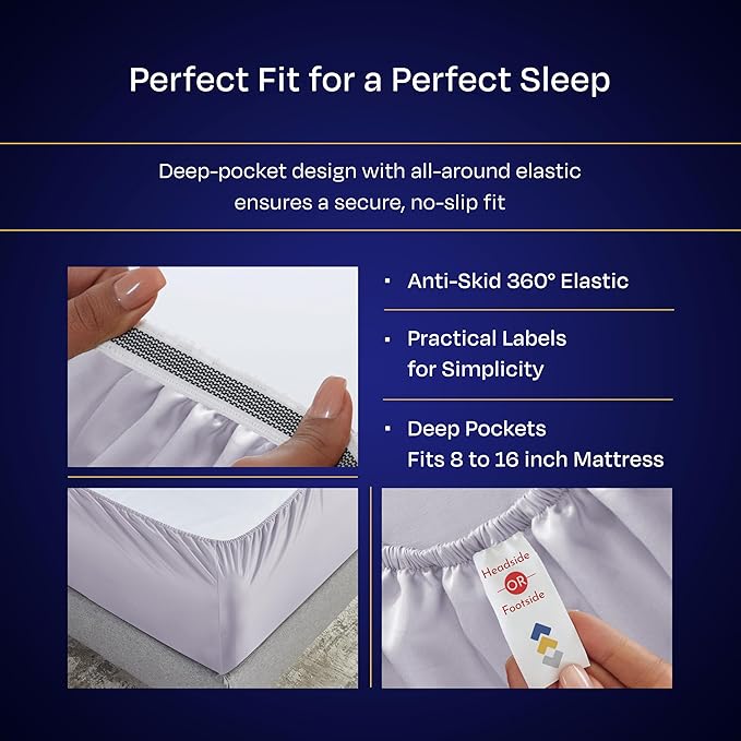 California Design Den Queen Sheet Set - Luxury 1000 Thread Count Sateen, Thick and Natural 100% Cotton Sheets, Deep Pockets, Cool and Durable Bedding Set - Lavender Grey