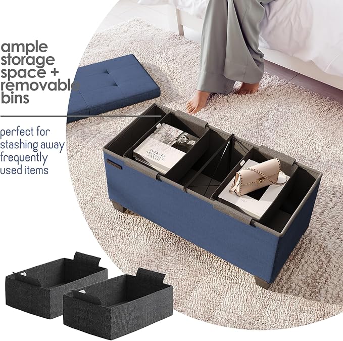 STORAGEBUD Storage Ottoman Bench with Bins, 30-in Storage Bench for Bedroom End of Bed, Folding Foot Rest Ottoman for Living Room Max 660lbs, Fabric Ottomans, Blue