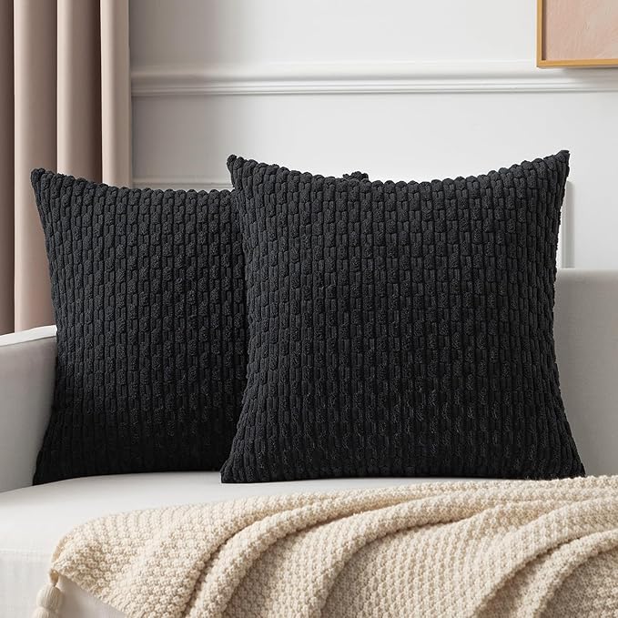 Kevin Textile Pack of 2 Corduroy Decorative Throw Pillow Covers 22x22 Inch Soft Boho Striped Pillow Covers Modern Farmhouse Home Decor for Spring Sofa Living Room Couch Bed Black