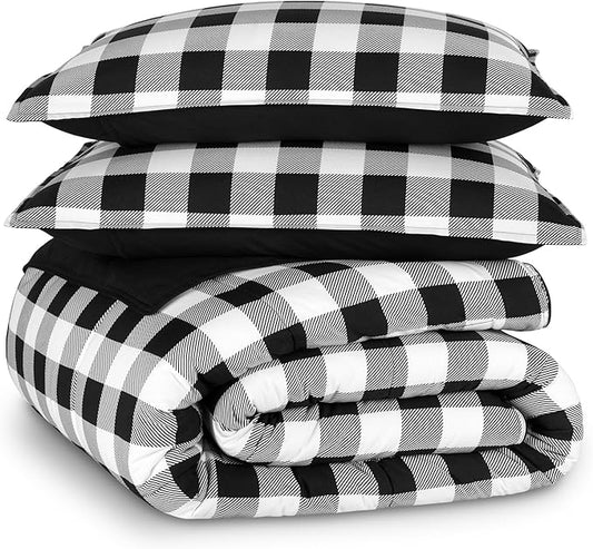 Bare Home Comforter Set - Full Size - Ultra-Soft - Goose Down Alternative - Premium 1800 Series - Reversible - All Season Warmth (Full, Chester Buffalo Plaid - White/Black)