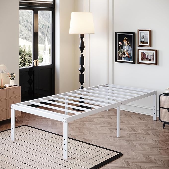 18 Inch Twin XL Bed Frame Heavy Duty No Box Spring Needed Metal Platform with Maximum Storage, Easy to Assembly, Noise Free, White