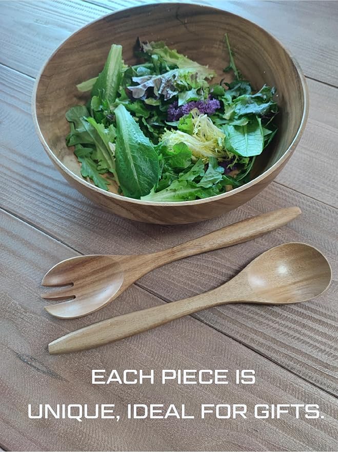 11.5 inches Acacia Wood Salad Bowl Set with 1 set spoon and fork, in a gift box, made from one pc solid acacia wood, made in Vietnam.