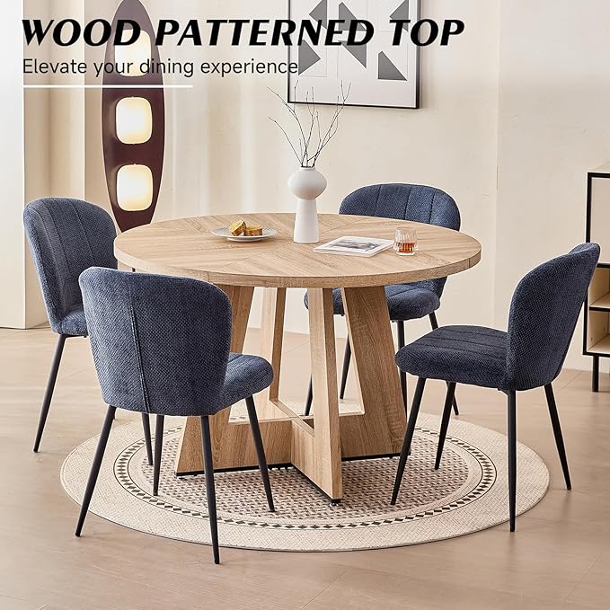 47" Round Dining Room Table Set for 4, [Fanned Base] [1.38" Thick Top] Wood Kitchen Table with 4 Chenille Dining Chairs