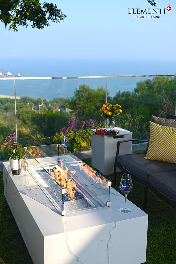 Elementi+ | Bundle Carrara Gas Fire Pit | Marble Porcelain & Metal Frame | 60" Rectangular Fire Table | Electronic Ignition | Canvas Cover, Fire Glass & Burner Lid Included | White | Natural Gas