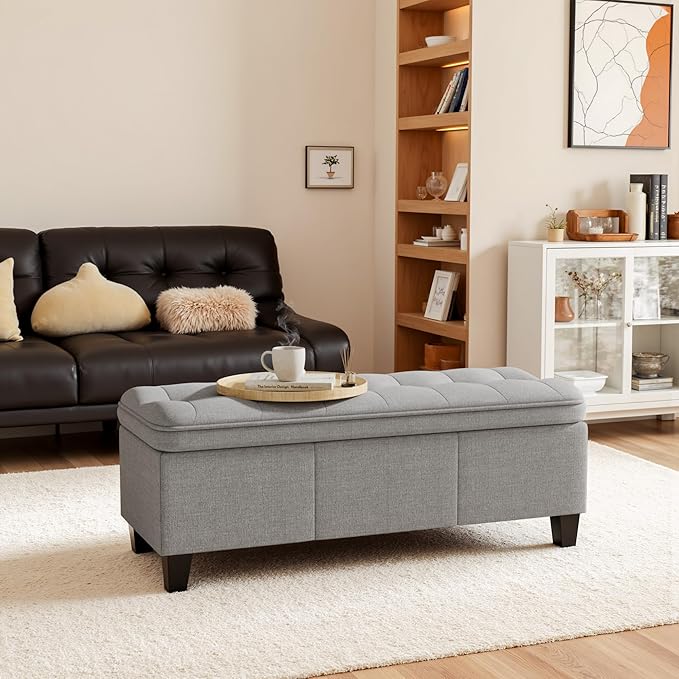 YESHOMY 47 Inches Ottoman with Storage, Storage Bench with Legs, Ottomans for Living Room, Entryway, Adjustable & Movable, Easy Assembly, Linen Fabric Light Gray