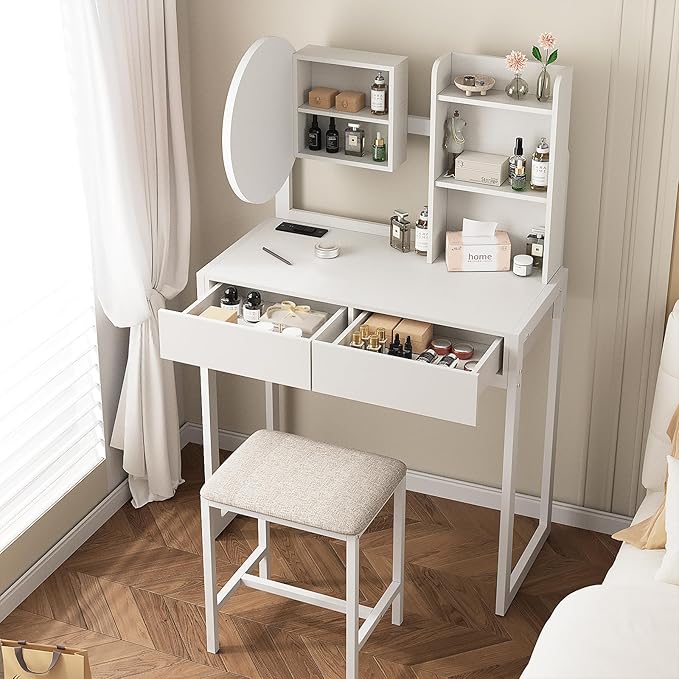 Small Vanity Desk with Mirror and Lights, Makeup Vanity Table with LED Mirror, 3 Lighting Modes, Power Outlet, Drawer, Open Shelves and Cushioned Stool for Bedroom (White)