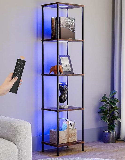 Display Shelf with RGBW Light, Color Changing Curio Cabinet Floor Lamp with Shelves Corner Standing Column Lamp Etagere Organizer Tower Nightstand Bookcase for Living Room Bedroom Office Décor, Brown