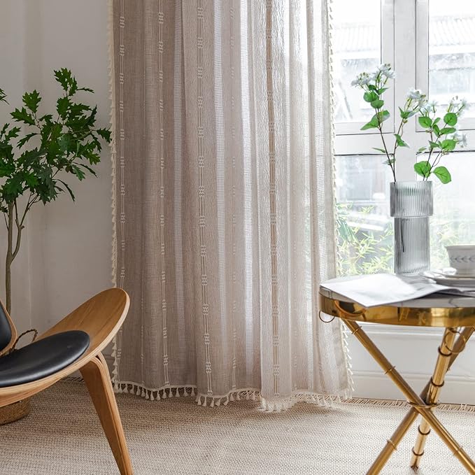 Linen Embroidery Striped Farmhouse Curtains for Living Room and Bedroom - Light Filtering Tassel Boho Drapes 2 Panels Set - Rod Pocket (52" W x 96" L, Khaki)