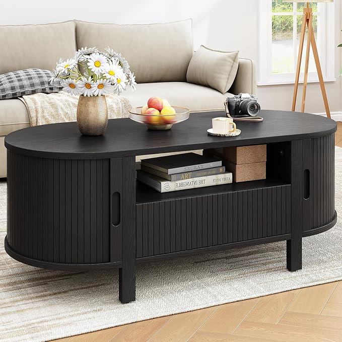 47.2 Inch Oval Coffee Table with Storage, Mid Century Modern Coffee Table with Drawer, Center Table with Sliding Door and Wood Fluted Handle for Living Room, Black