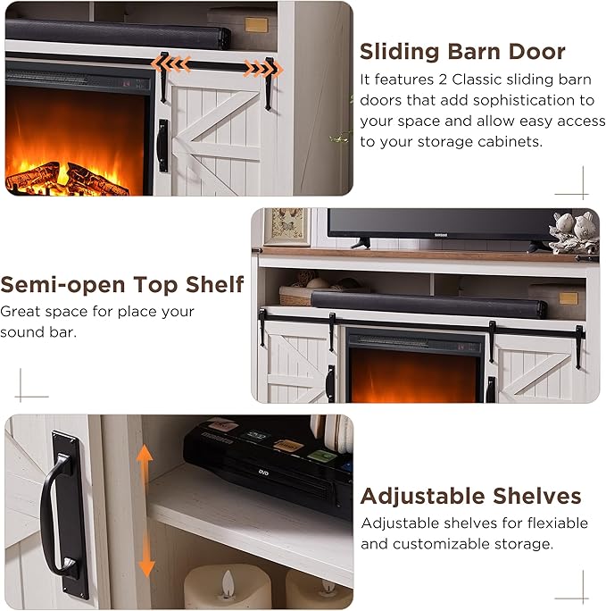 OKD Fireplace TV Stand for 65+ Inch TV, 33" Tall Highboy Farmhouse Entertainment Center w/ 23'' Electric Fireplace, Rustic Media Console w/Sliding Barn Door for Living Room, Antique White