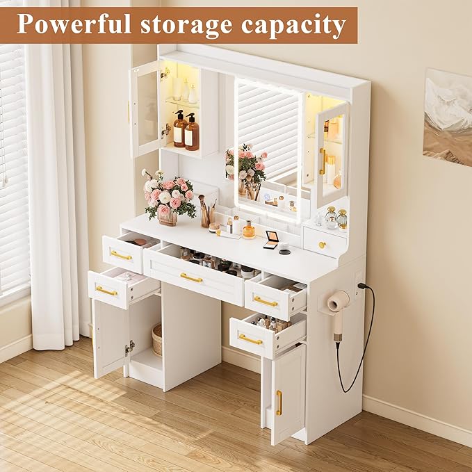 KAMABOKO Vanity Desk with Mirror & LED Lights & Power Outlet, Large Makeup Vanity Table with 6 Drawers and 4 Storage Cabinets, Dressing Table for Bedroom (White)