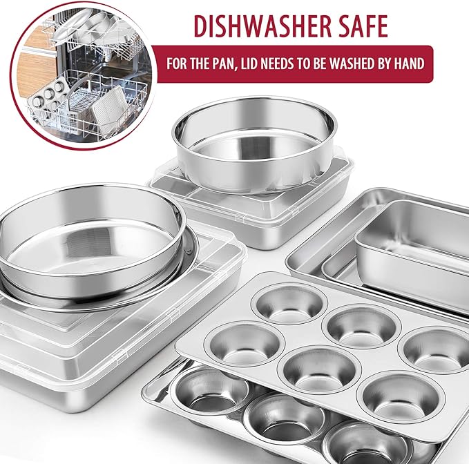 E-far 12-Piece Stainless Steel Bakeware Sets, Metal Baking Pan Set Include Round Cake Pans, Square/Rectangle Baking Pans with Lids, Cookie Sheet, Loaf/Muffin/Pizza Pan, Non-toxic & Dishwasher Safe