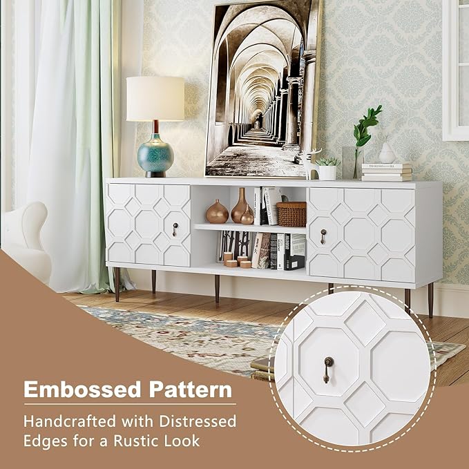 Modern TV Stand for 65/70inch TV, Entertainment Center with Storage Cabinet and Open Shelves, Embossed Pattern TV Stand, TV and Media Console for Living Room, Bedroom, White