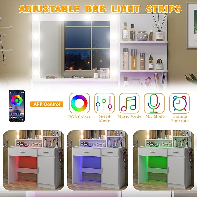 Modern White Vanity Desk with Lighted Mirror & RGB Adjustable Brightness – Elegant Dressing Table with Glass Top & Power Outlet, Perfect for Women & Girls' Bedrooms - 36 Lighting Modes (White)
