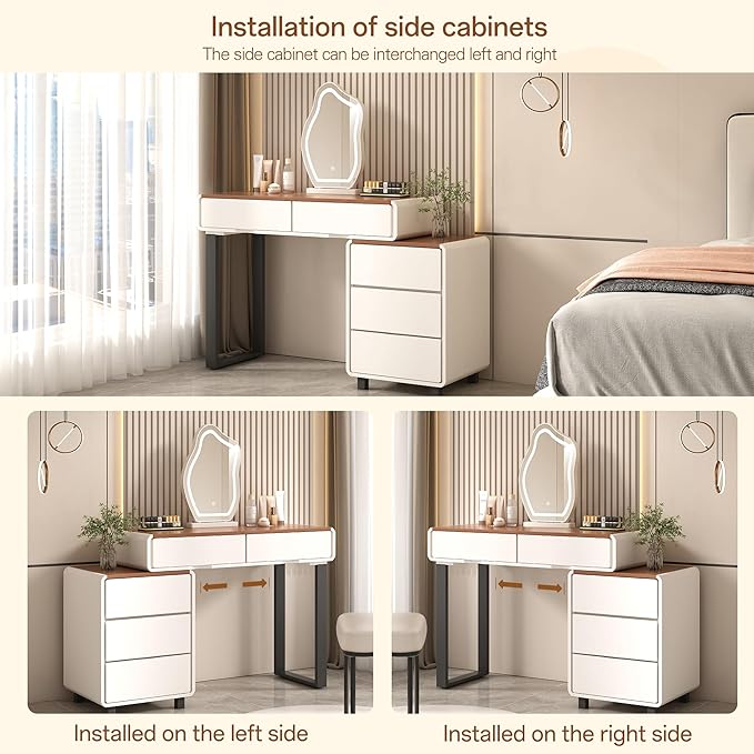 Vanity Desk with Mirror and LED Lights| Small Makeup Table with 5 Drawers and Adjustable Storage Cabinet| Modern Space-Saving Dressing Table for Bedroom(Walnut Top with White Base)