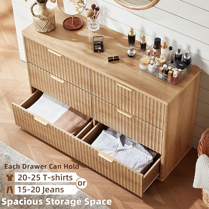 LEYAOYAO Fluted 6 Drawers Dresser Set of 2, 48" Wide Modern Chest of Drawers with Metal Handle, Natural Curved Profile Dresser TV Stand, Wooden Drawer Organizer for Bedroom, Living Room, Hallway