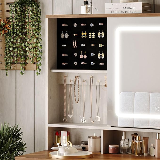 Farmhouse Vanity Desk with Mirror and Lights,White Makeup Vanity with 5 Drawers & Hidden Storage,Rustic Large Dressing Table with Charing Station & Shelves for Bedroom