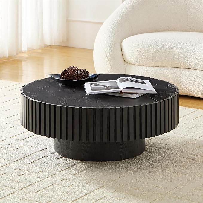 Round Coffee Table for Living Room, Accent Fluted Drum Stone Coffee Table with Storage, Modern Solid Wood Circle Center Tea Table for Small Space Apartment (35.4''D×14''H-Black)