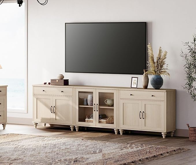 WAMPAT Farmhouse TV Stand for 100 Inch TV, 3-in-1 TV Console Table for 75/80/85/90 Inch TV, Entertainment Center with Glass & Wood Door, Kitchen Sideboard Buffet Cabinet for Dining Room, Light Oak