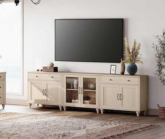 WAMPAT Farmhouse TV Stand for 100 Inch TV, 3-in-1 TV Console Table for 75/80/85/90 Inch TV, Entertainment Center with Glass & Wood Door, Kitchen Sideboard Buffet Cabinet for Dining Room, Light Oak