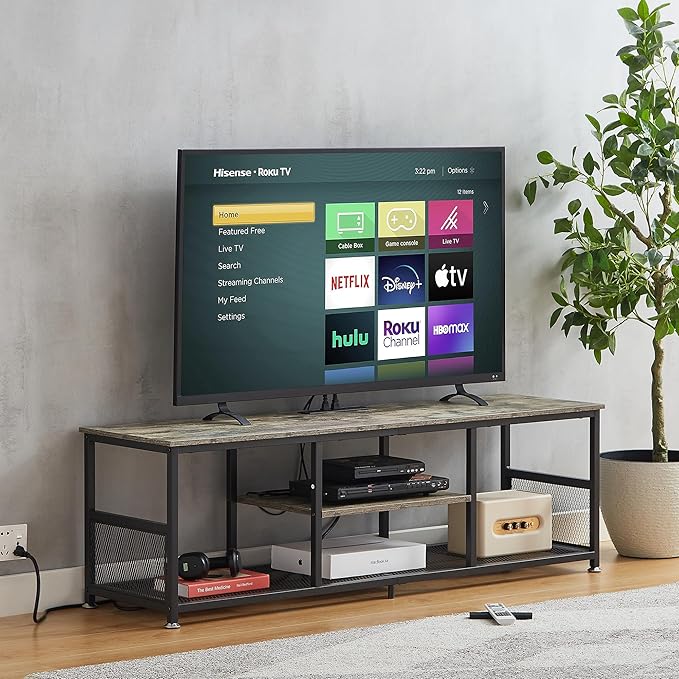 VECELO TV Stand with Power Outlets for Televisions up to 65Inch, 55" Media Entertainment Center with Charging Station 3-Tier Open Storage Shelves with Metal Frame for Living Room/Bedroom，Grey