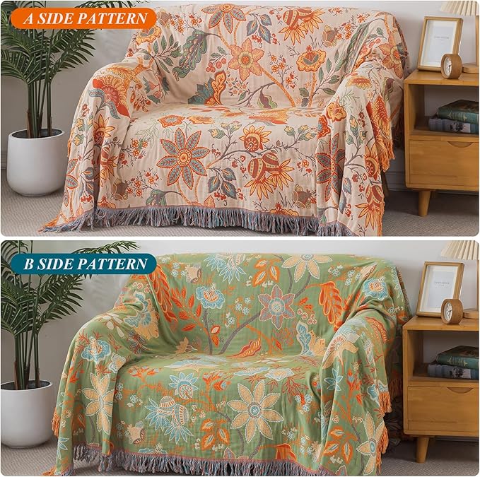 Boho Throw Blanket for Bed-100% Cotton Soft Breathable Farmhouse Decor Boho Quilt for Sofa (Boho Flowers, 80"x90")